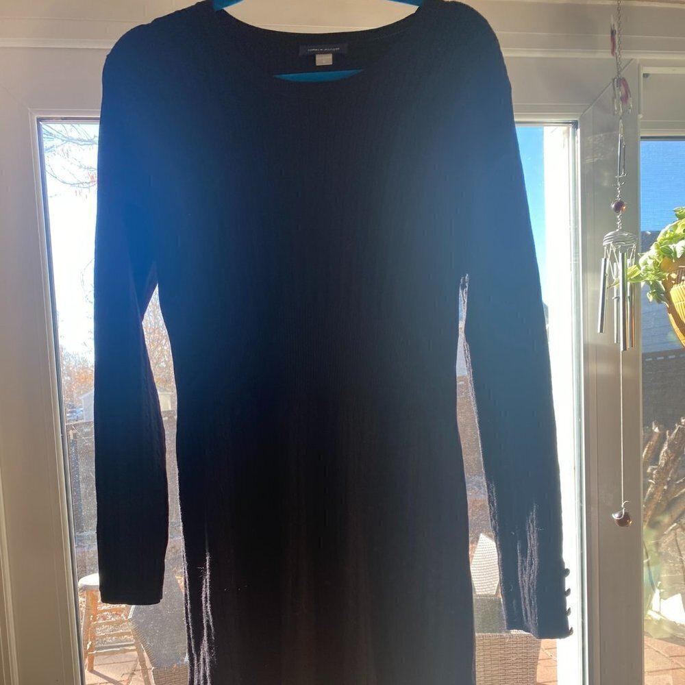TOMMY HILFIGER Womens Black Logo Cuffed Sleeve Above The Knee Sweater Dress XL